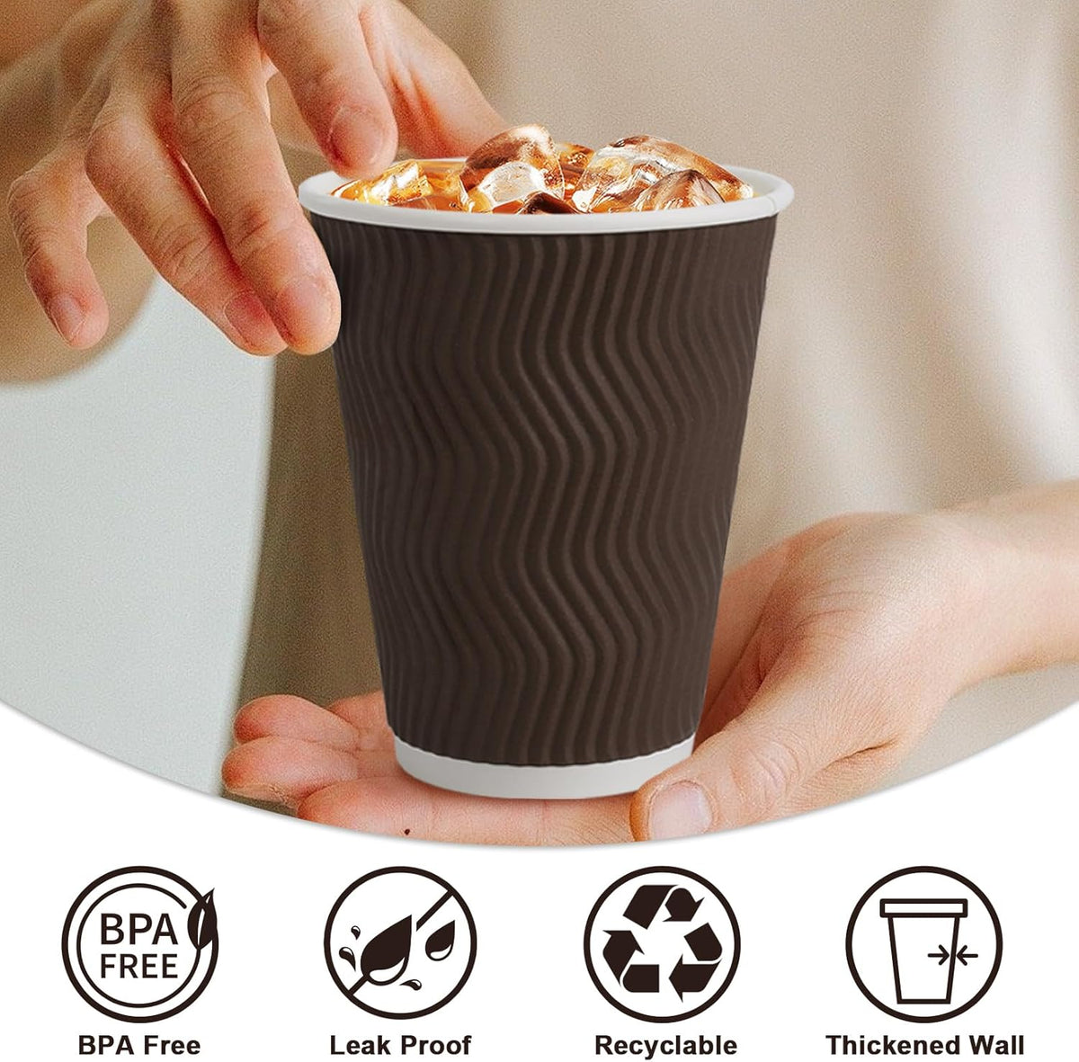 12 oz Coffee Cups Disposable, 100 Count Insulated Paper Coffee Cups, Corrugated Ripple Wall Design Paper Cup, Hot Cold Drinking Cup for Party, Picnic, Travel, Business, Home