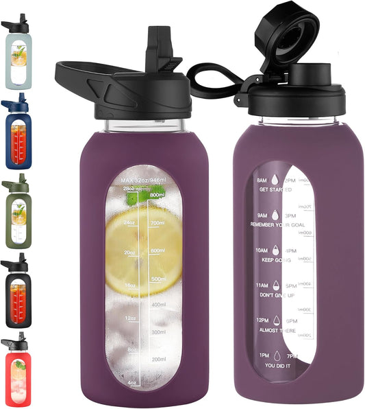 CIVAGO 32 oz Glass Water Bottle with Straw and Handle, Large Sports Motivational Water Bottle Flask with Time Marker and 2 Lids, Leakproof Water Jug Canteen with Silicone Sleeve for Gym,Mauve