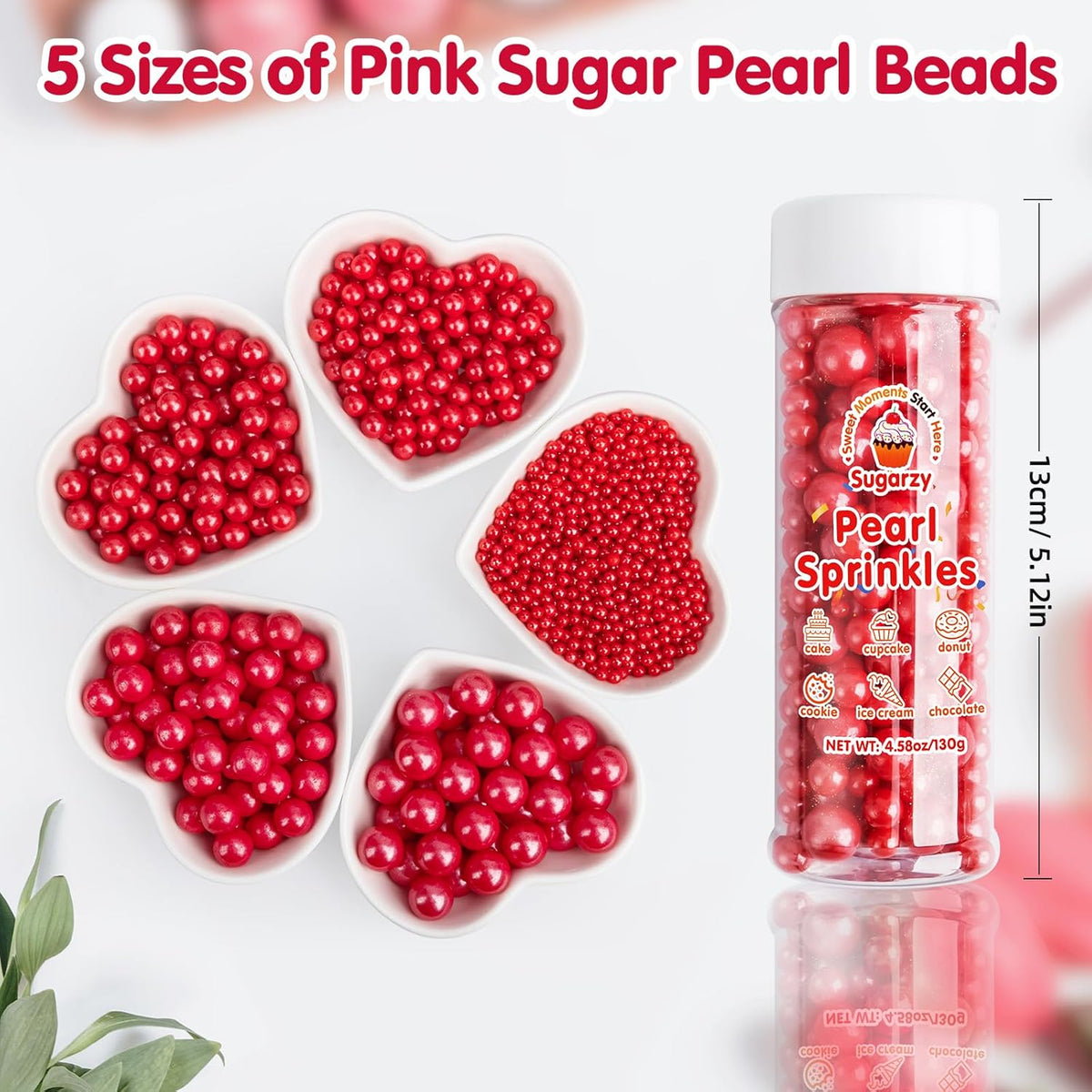 Red Pearl Sprinkles,Edible Pearl Sugar Sprinkles,Baking Edible Cake Decorations,Cupcake Toppers,Cookie Decorating,Donuts Ice Cream Toppings,Wedding Birthday Party Valentines Christmas Supplies,130g/4.58oz