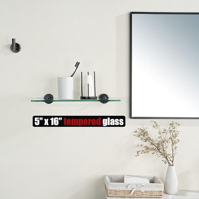 JQK Bathroom Glass Shelf Oil Rubbed Bronze, Tempered Glass Shower Storage 16 by 5 inches, 304 Stainless Steel ORB Wall Mount, TGS101-ORB