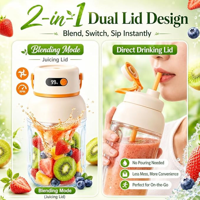 Portable Electric Juicer Cup with Zero Cord Hassle, 1200ml Multifunctional Wireless 2-In-1 Dual Lid Personal Blender Bottle with Straw 38-Blades USB Rechargeable for Gym Office Outdoor (1000ml)