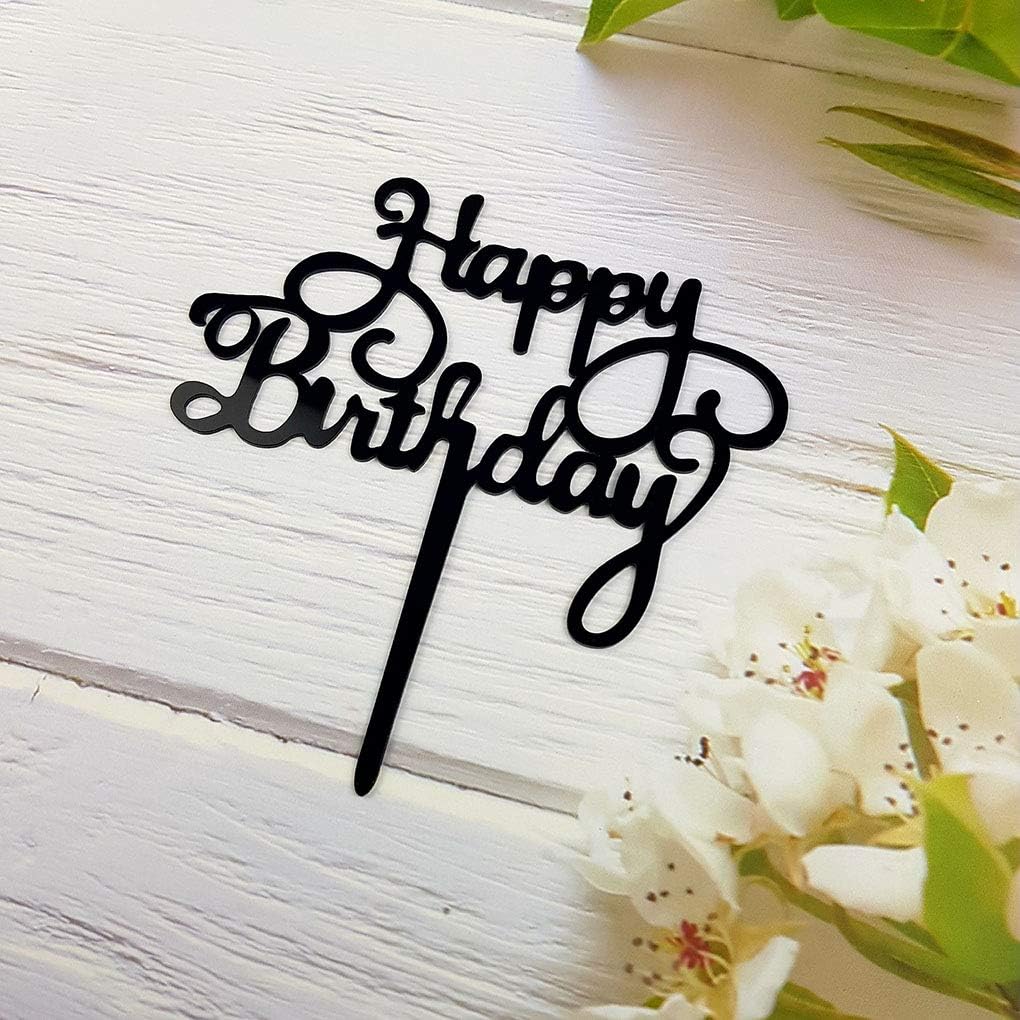 Happy Birthday Cake Topper for Birthday Party Decorations - Black Acrylic