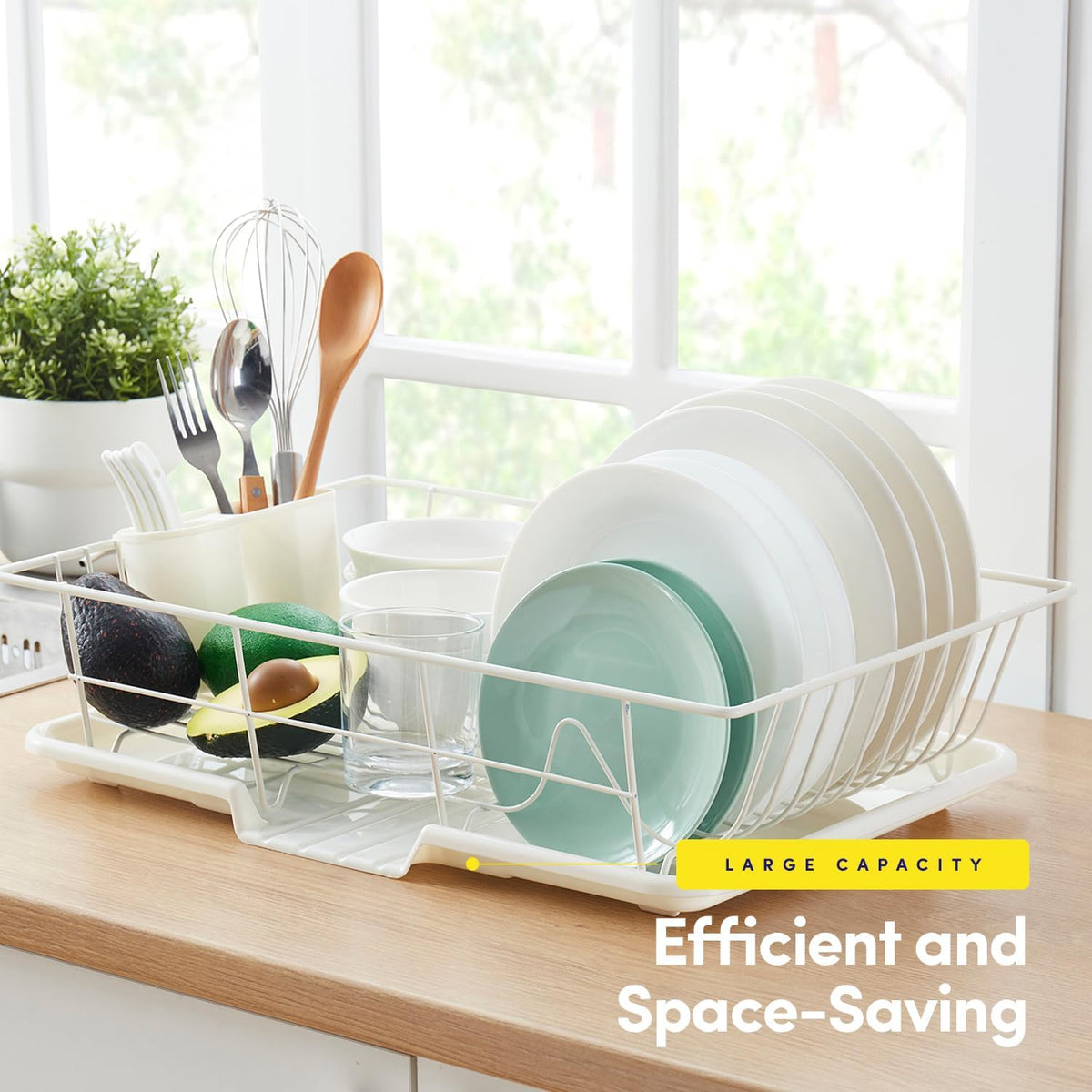 Sweet Home Collection Space-Saving 3-Piece Dish Drainer Rack Set: Efficient Kitchen Organizer for Quick Drying and Storage - Includes Cutlery Holder and Drainboard - Maximize Countertop Space, Ivory