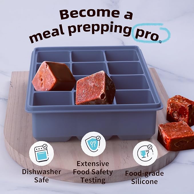 Silicone Freezer Trays with Lids, 1/2 Cup Silicone Soup Freezer Molds Set of 1, for Freezing Soups Sauces and Individual, Microwave safe, Makes 12 Perfect 1/2 Cup Portions Cubes (Blue 1 Pack)