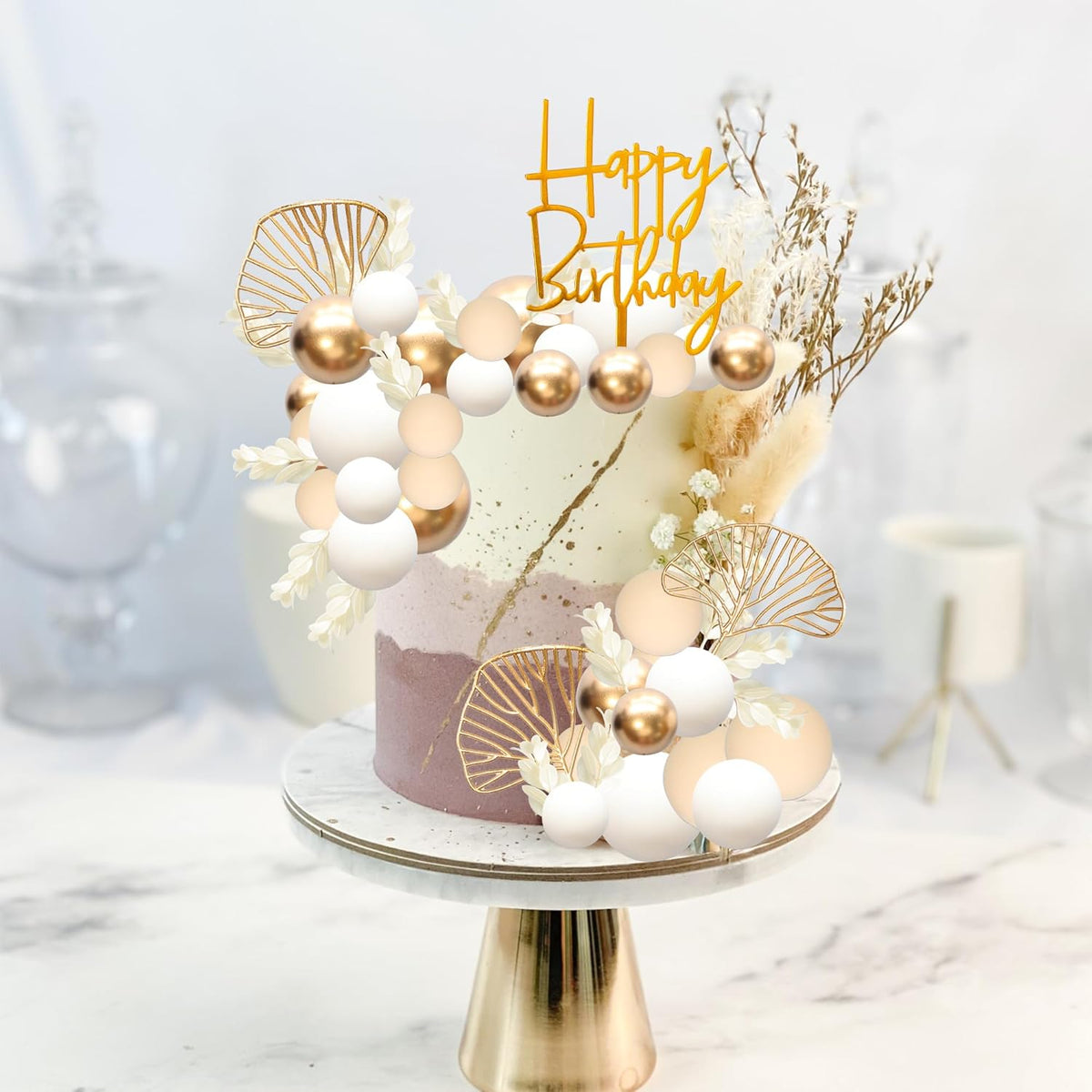 Gyufise 57Pcs Khaki Balls Cake Topper Boho Grass Cake topper Pearl Balls Acrylic Happy Birthday Cake Decorations for Wedding Baby Shower Birthday Boho Themed Party Supplies Khaki White Gold