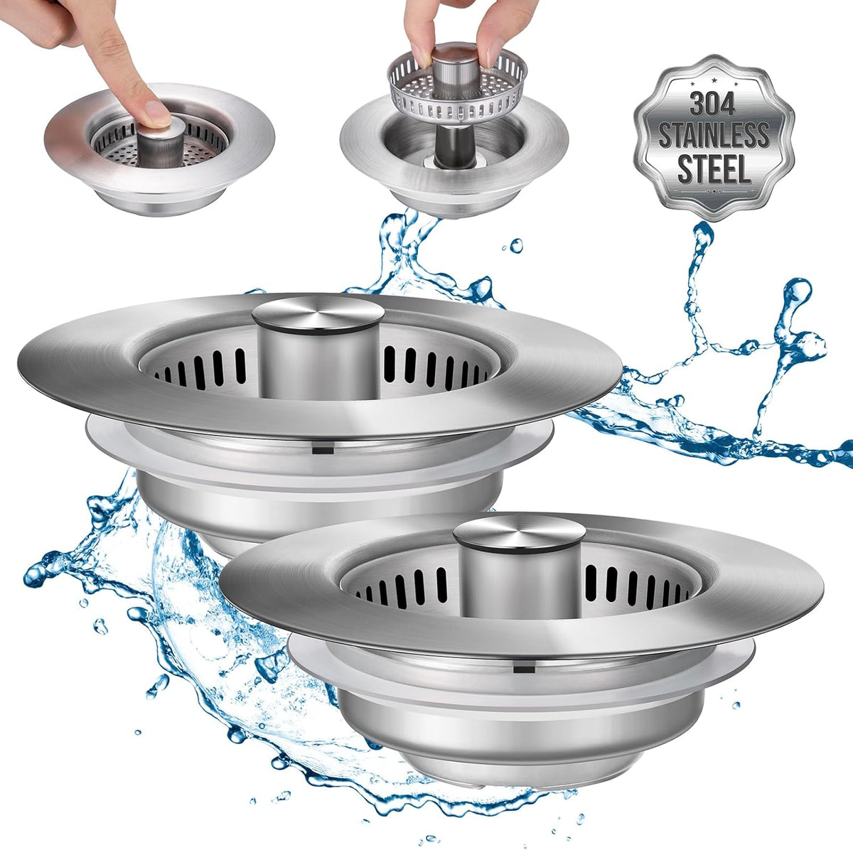 Upgraded 3 in 1 Kitchen Sink Drain Strainer - Stainless Steel Sink Stopper, Anti-Clogging Sink Food Catcher Basket, Fast Drainage Odor Filter Sink Plug for US Standard 3 1/2 inch Drain (Silver-2Pack)