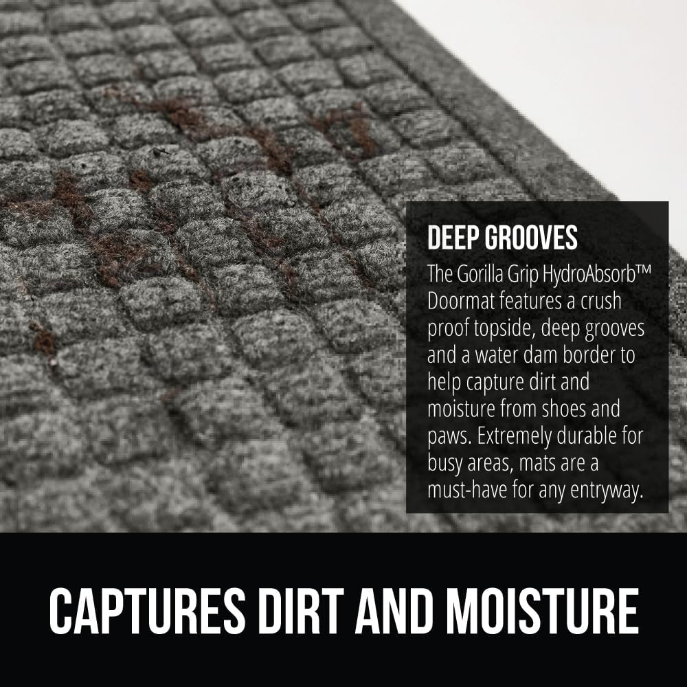 GORILLA GRIP Front Door Mat, Indoor Outdoor Ultra Absorbent HydroAbsorb Doormat, Absorbs Up to 1.7 Cups of Water, Stain and Fade Resistant, Rubber Backing Doormats, Captures Dirt, 29x17 Gray