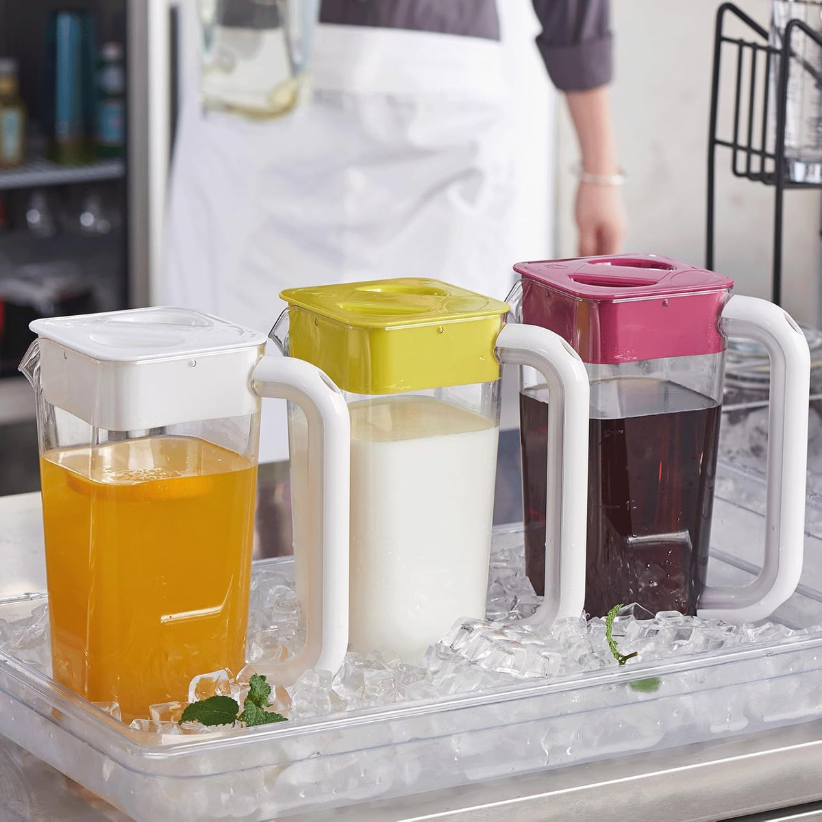 CURTA 2 Pack 2 Liters/68 oz Plastic Square Pitcher with Lid & Handle for Kitchen,ICED JUICE and Coffee Carafe Beverage Serveware, Acrylic Water Jug for Hot/Cold Drinks&lemonade