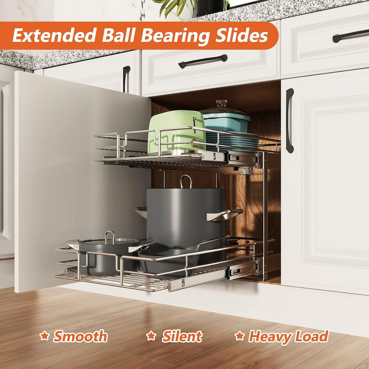 ROOMTEC Individual Pull Out Cabinet Organizer (15½" W x 21½" D), 2 Tier Spice Rack Organizer for Cabinet, Slide Out Drawer Pantry Shelf Organization and Storage for Kitchen Bathroom
