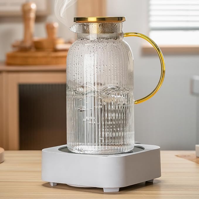 Buaic Glass Pitcher with Lid, 68 oz/2 Liter Classic Vertical Stripes Water Pitcher,Glass Water Carafe for Cold Brew, Coffee, Lemonade, Iced Sun Tea,Beverage,Milk, Heat Resistant