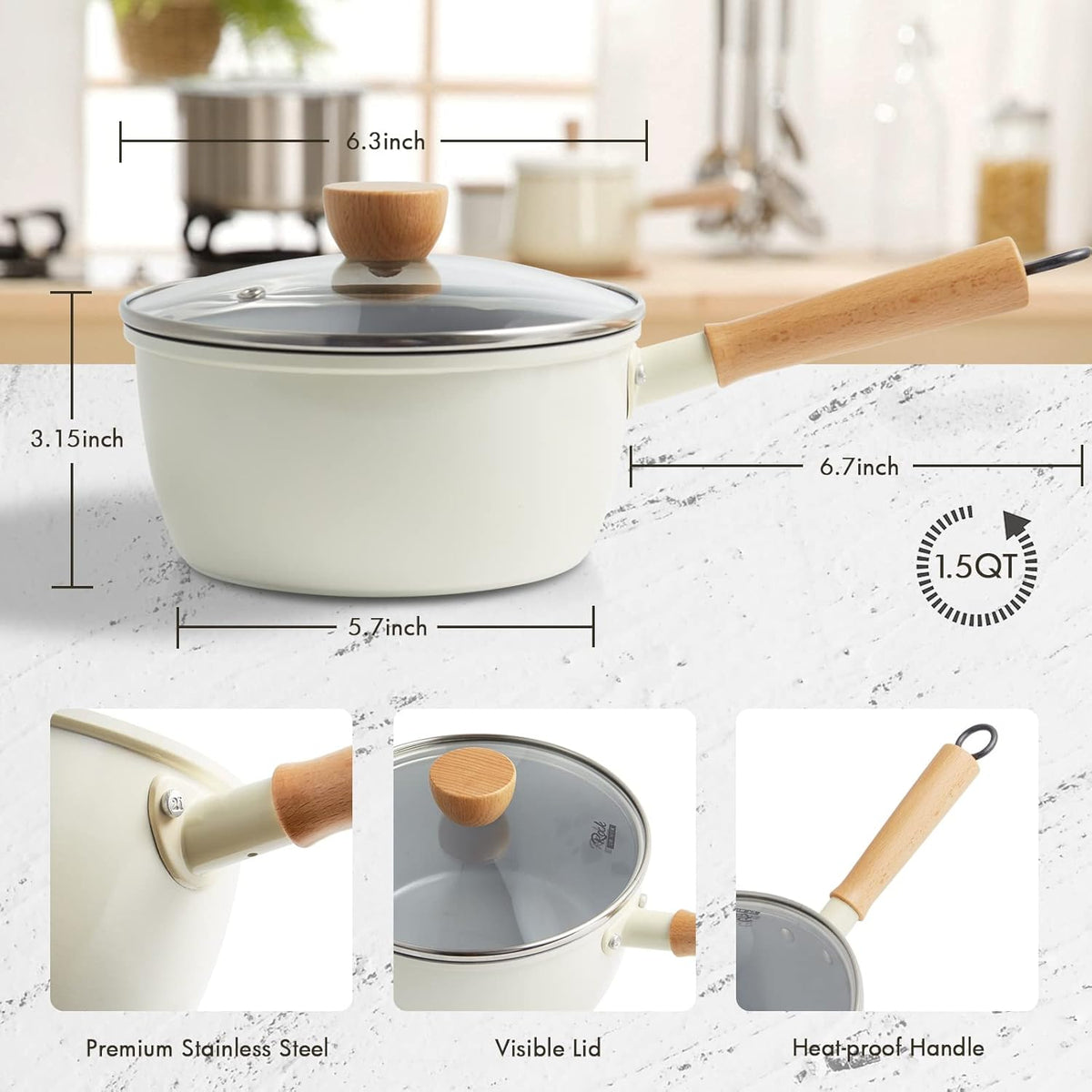 ROCKURWOK Ceramic Nonstick Sauce Pan with Lid, 1.5 Qt Small Pots for Cooking, Small Pot Wooden Handle for Cool Touch, Non Toxic & Pfas-Free Saucepan, Universal Base(Gas, Electric & Induction), White