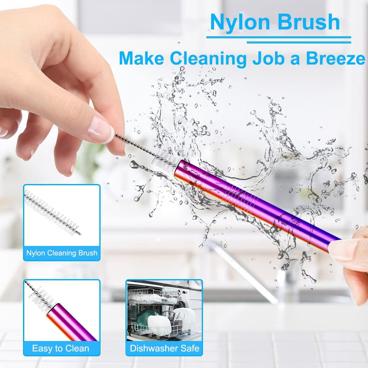 Vinaco Reusable Smoothie Straws, 0.4'' Wide Stainless Steel, 10.5'' & 8.5'' Long, 4 Pack with 1 Cleaner for Milkshake, Smoothie, Bubble Tea