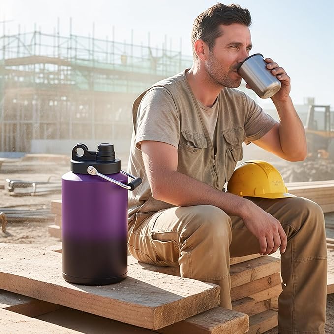 Kerilyn Insulated Gallon Jug with Handle, One Gallon, 128oz Stainless Steel, Large Double Vacuum Water Bottle for Hot & Cold Drinks, Wide Mouth, Sweat Proof, Great for Travel, Camping, Purple Gradient