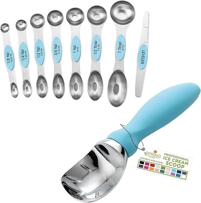 Spring Chef Ice Cream Scoop and Magnetic Measuring Spoons Set Bundle - Aqua Sky