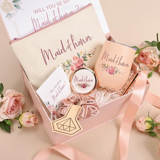 CARAKNOTS Maid of Honor Proposal Gift Box Set, Will You Be My Maid of Honor Gift, Pink Ready to Gift Bridesmaid Box with 12 oz Stainless Steel Tumbler, Bridal Party Bachelorette Wedding Favo