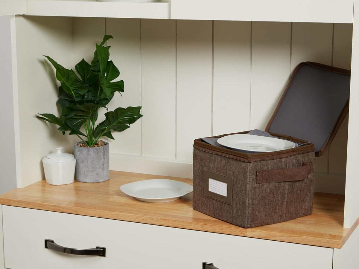 Covermates Keepsakes Dish Storage Box - Stackable, Reinforced Handles, China Storage, Brown Heather