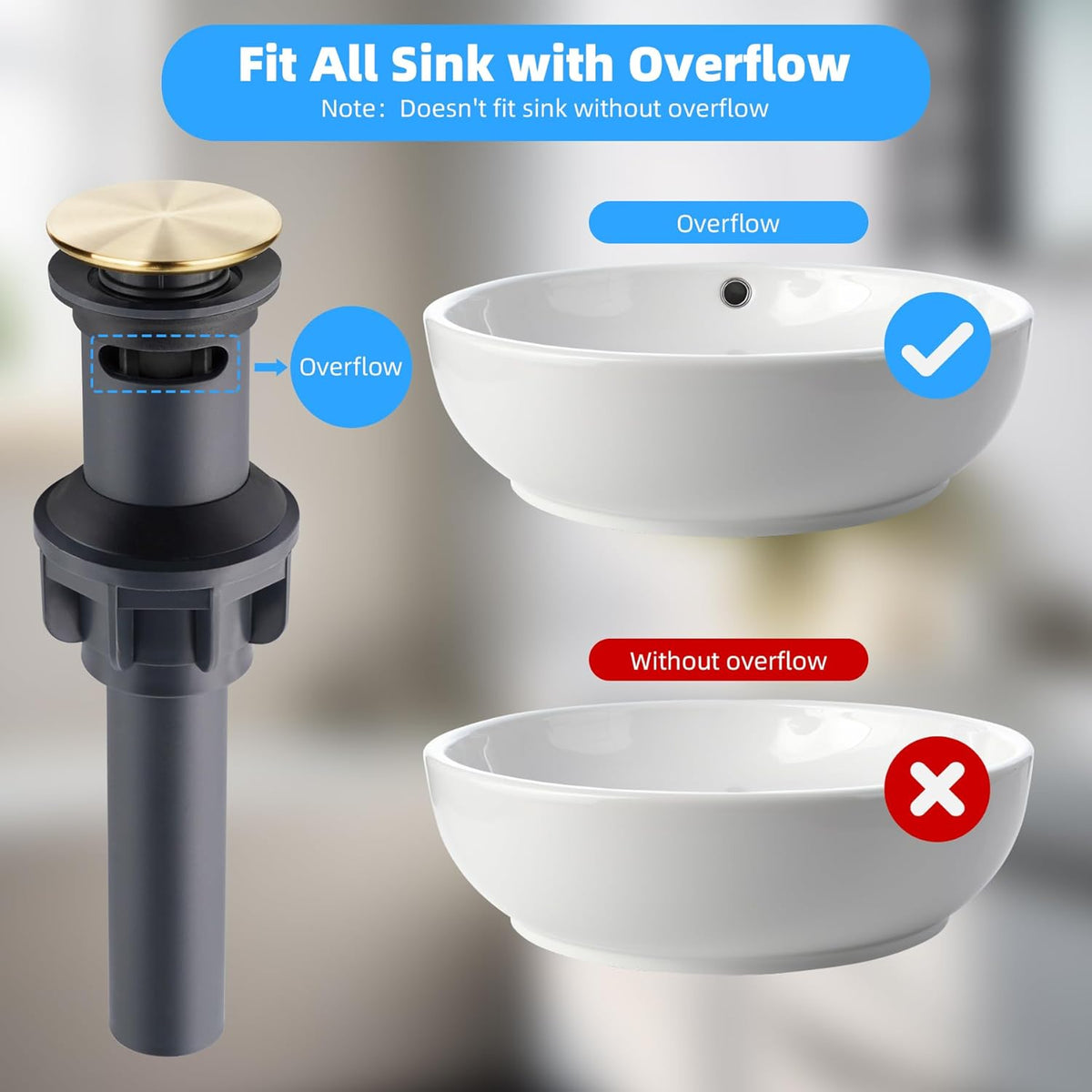 Hibbent 2 Pack Universal Bathroom Sink Drain Stopper, Pop Up Drain Strainer with Overflow, Push and Seal Sink Plug with Basket for Lavatory Vanity Vessel, Anti-Clogging Strainer, Brushed Gold