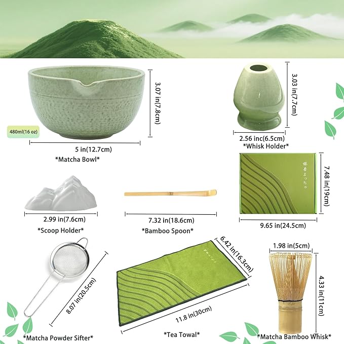 Matcha Whisk Set, 7 Pcs Matcha Set Includes Bowl, Whisk, Holder, Sifter, Bamboo Scoop, Spoon Rest and Tea Towel - Matcha Kit for Matcha Lovers (Mottled Green)