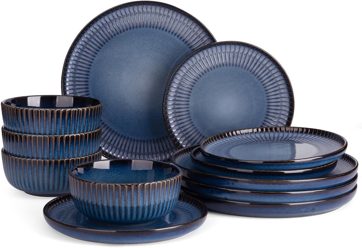 Famiware Starlight Dinnerware Sets, Plates and Bowls Dish Set of 4 (12 Pieces), Ribbed Textured Tableware - Dishwasher & Microwave Safe, Chip & Scratch Resistant, Reactive Glaze, Starry Blue
