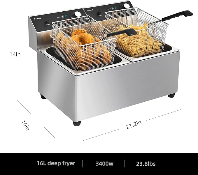 Commercial Deep Fryer with Basket, 3400w 28Qt Dual Tank 0.6mm Thickened Stainless Steel Countertop Electric Fryer for Home and Commercial Use, Oil Fryer with Double Overheat Protection