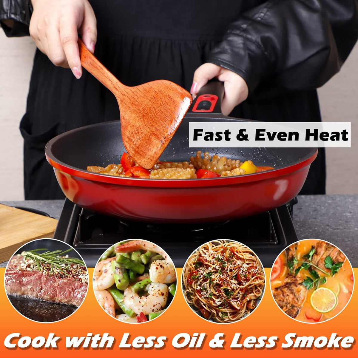 DIIG Nonstick Frying Pan Skillet with Silicone Lid, 11.5 Inch Oven Safe Chef Pan for Cooking Saute Omelet Sauce Pan Cast Aluminum Red Cookware with Detachable Handle, Induction All Stoves Compatible