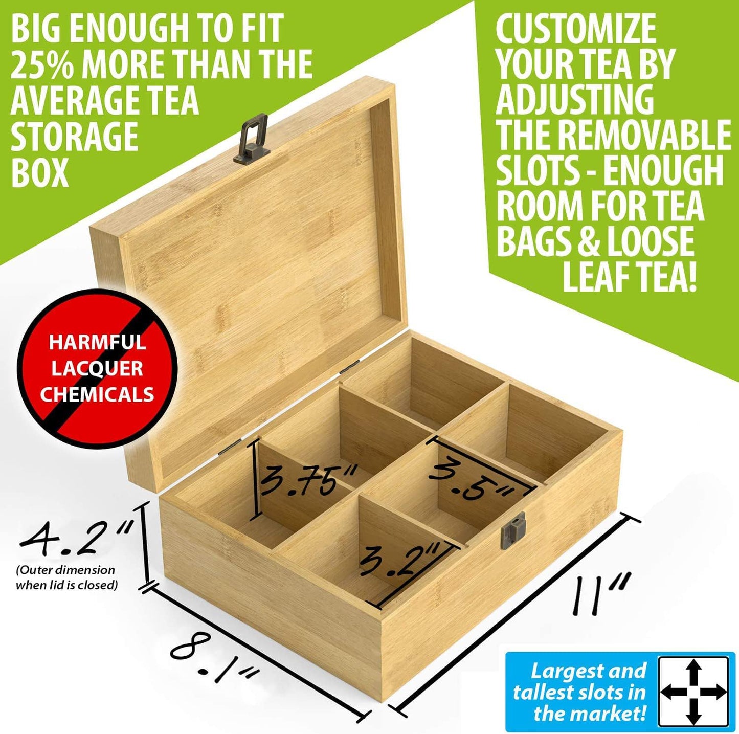 Tea Organizer Box Food Safe Chemical Free Bamboo Wood Storage Chest Big, Tall, Adjustable Cubbies (6-Slot 11" x 8.1" x 4.2" with TEA stamp design)
