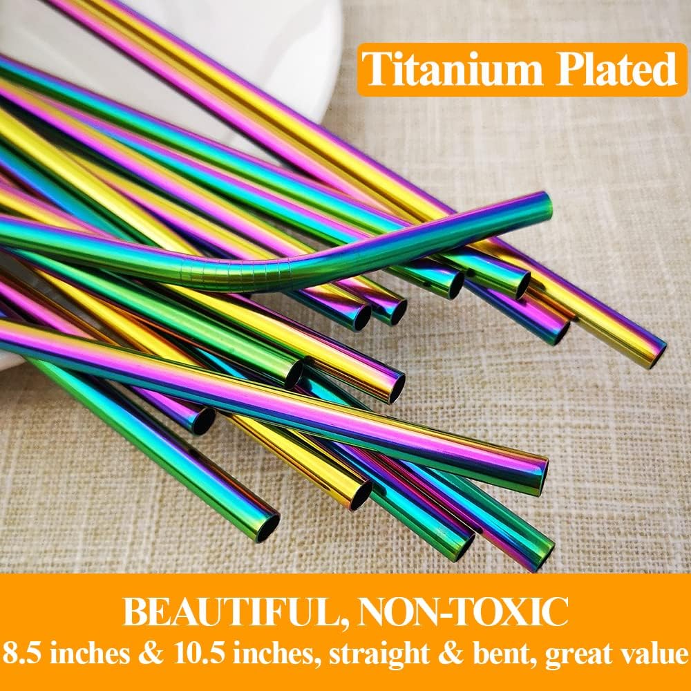 Lazycorner 16 Pcs Metal Straw Reusable 8.5" 10.5" 6mm Stainless Steel Straws for Tumblers 20oz-32oz, Rainbow Drinking Straws with Silicone Tips, 4 Straw Cleaner Brush, 1 Travel Case