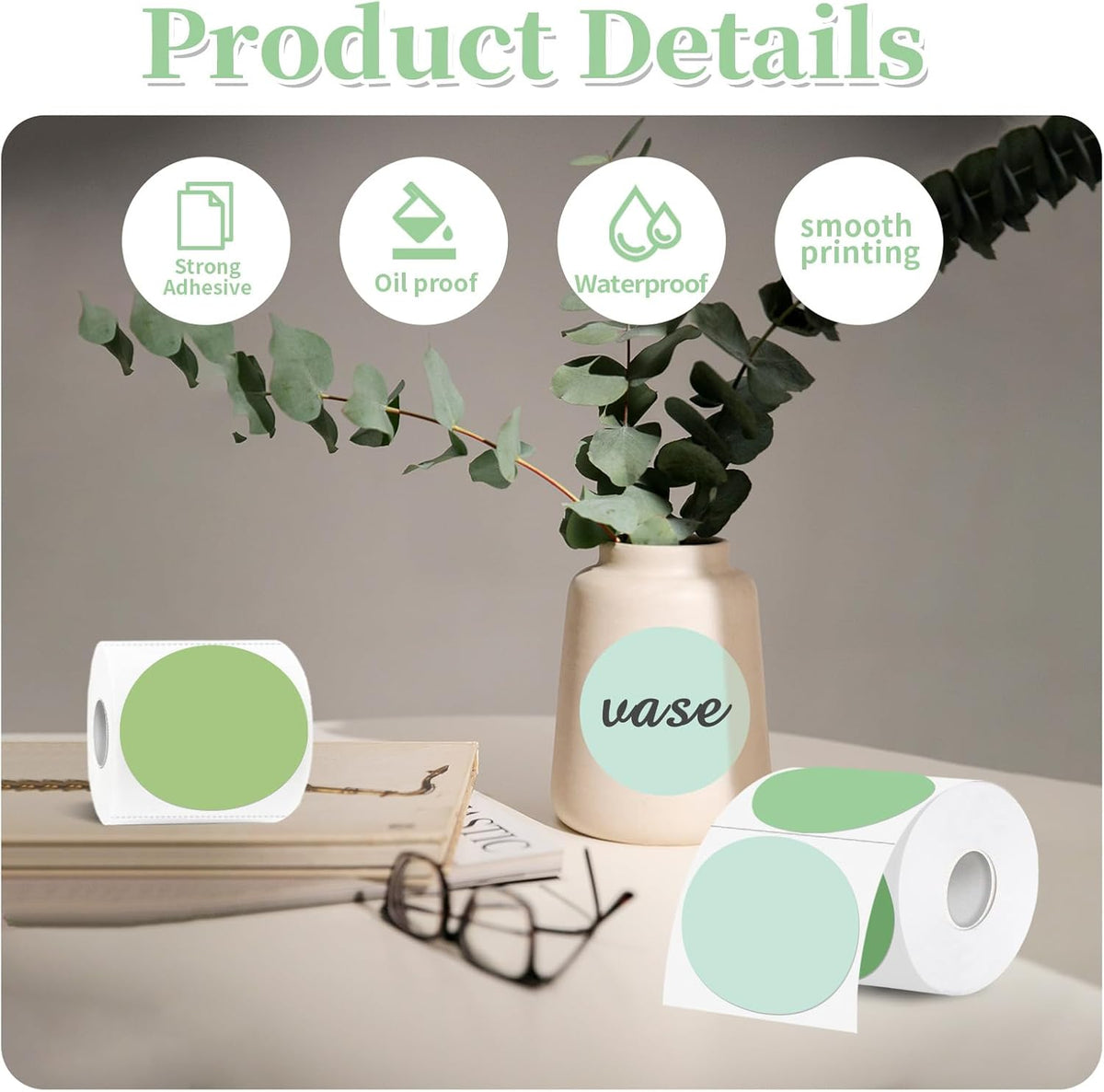 Thermal Label,3 Inch Green Gradient Round Thermal Printer Sticker,Self-Adhesive Round Direct Thermal Labels,Thermal Stickers for DIY Logo Design,Name Tag (300 Labels/1 Roll)