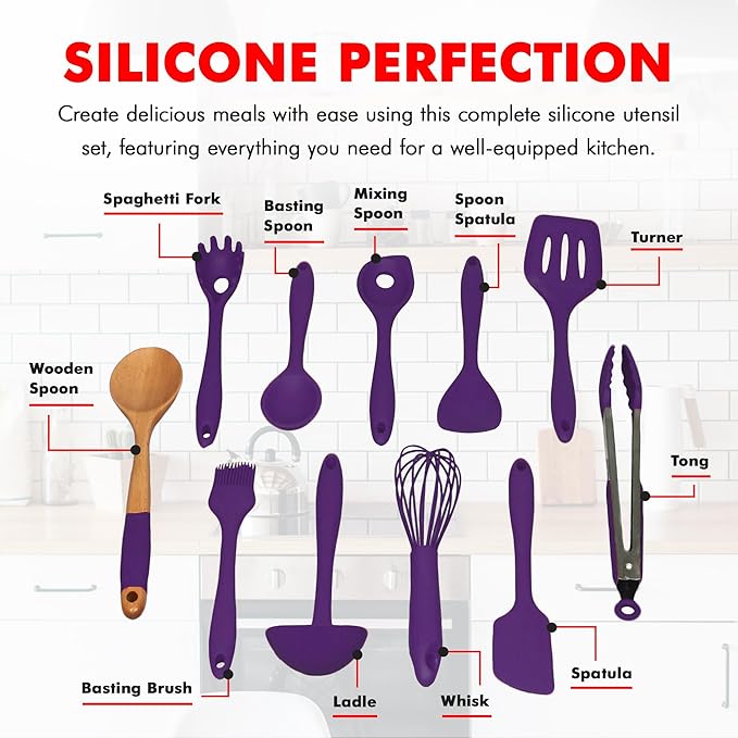 Chef Craft Premium Silicone Kitchen Tool and Utensil Set, 11 Piece, Purple