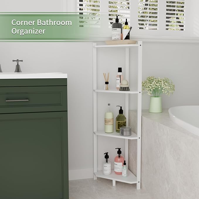 Wisuce Corner Shelf, 100% Real Bamboo Shower Corner Shelves Free Standing Shelf Storage Organizer for Bathroom Living Room Kitchen (White, 4 Tier)