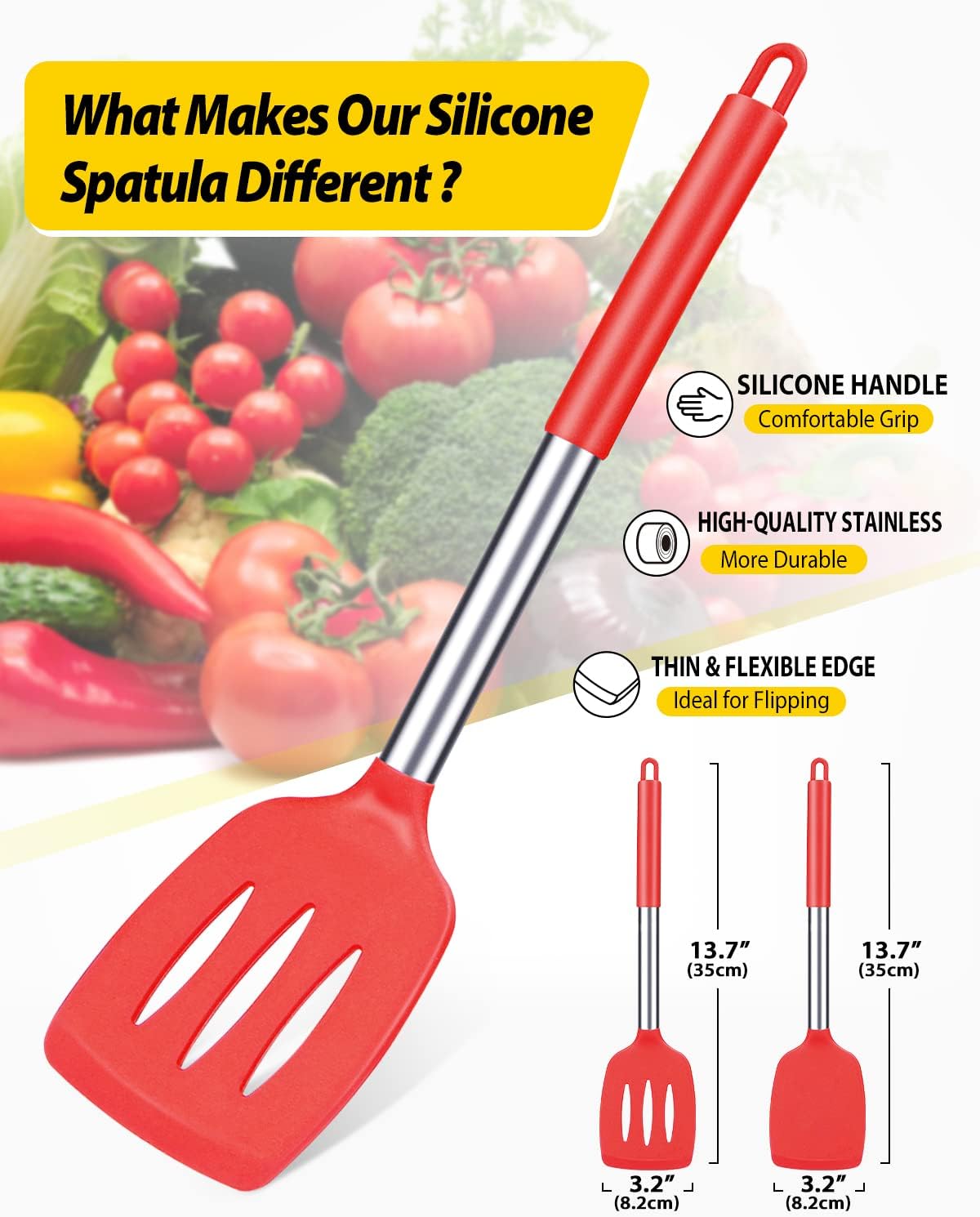 Pack of 2 Silicone Solid Turner, Non Stick Slotted Kitchen Spatulas, High Heat Resistant BPA Free Cooking Utensils, Ideal Cookware for Fish, Eggs, Pancakes(Red)