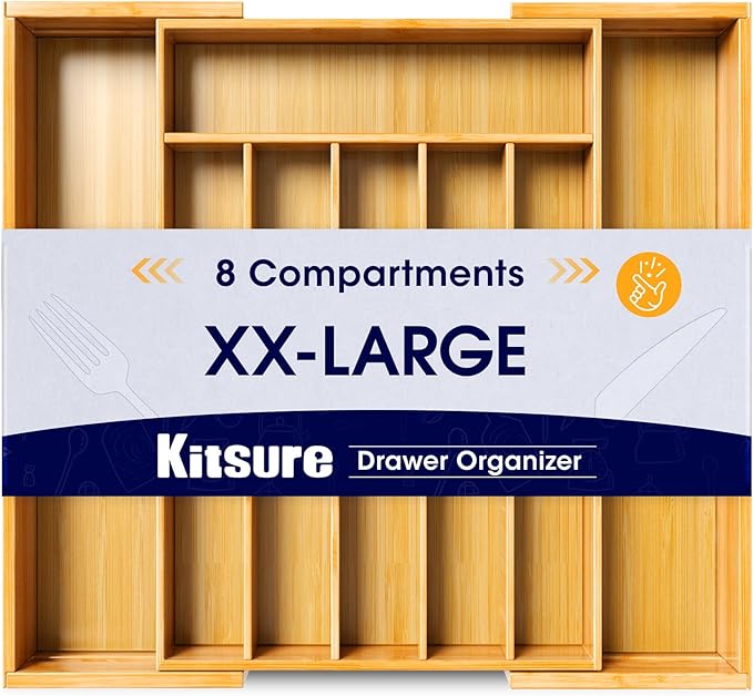 Kitsure Extra Large Bamboo Silverware Organizer - Expandable Drawer Organizer for Utensil, Cutlery and Flatware, Kitchen Storage Solution with 6 to 8 Slots, Natural, 19.7" × 15.4" × 2.0"