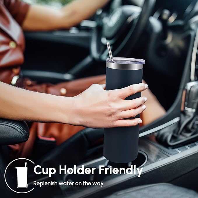 Volhoply 12 Pack Skinny Tumblers with Lid and Straw, 20oz Stainless Steel Straight Tumbler Bulk, Vacuum Insulated Coffee Mug for Home, Office, Travel, DIY (Navy,12 Pack)