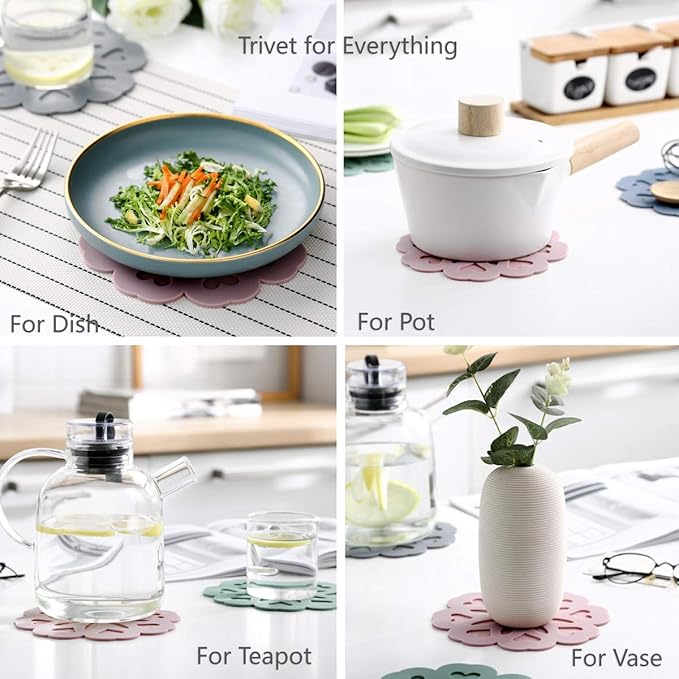 Set of 4 Silicone Trivet Mat - Table & Countertop Hot Pads - Non-Slip & Heat Resistant Modern Kitchen Pads for Pots & Pans, White