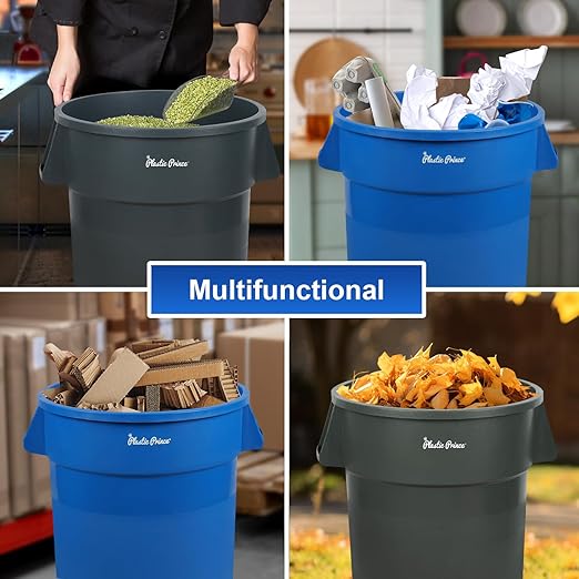 PLASTIC PRINCE 44 Gallon Round Trash Can with Lid and Dolly Gray Plastic Commercial Garbage Container for Home Garage Restaurants Warehouses - Bundle