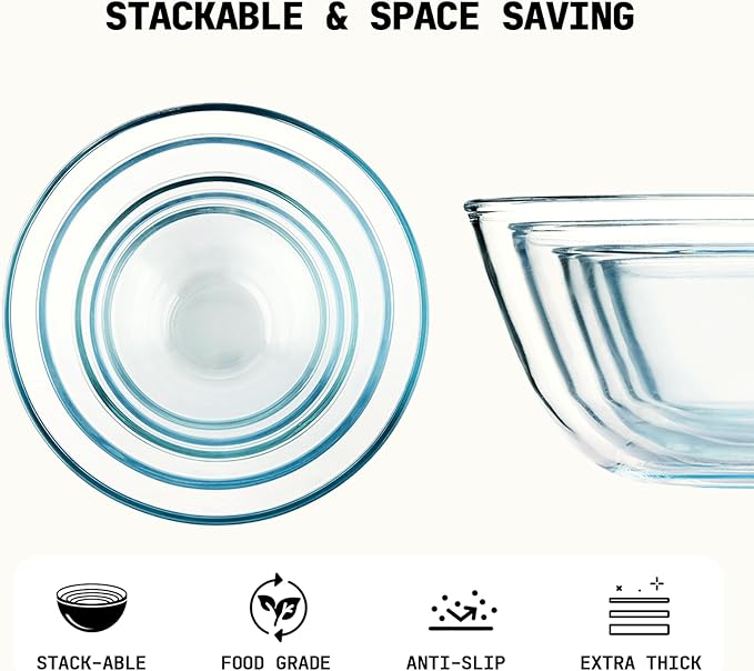 5pc Glass Mixing Bowls Sets (4.65QT, 2.80QT, 1.64QT, 1.16QT, 0.85QT), Glass Nesting Kitchen Thick Bowl for Baking, Cooking Prep, Storage, Large Salad Bowls Sets-Dishwasher Microwave Freezer Safe