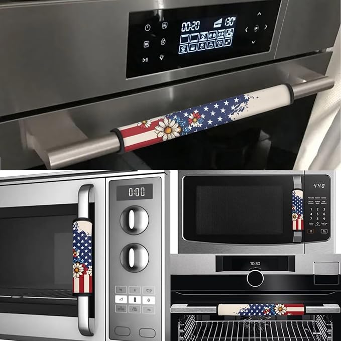 American Flag Daisy Flowers Refridge Door Handle Covers Set of 6, July 4th Independence Day Refrigerator Door Handle Covers Kitchen Fridge Microwave Dishwasher Door Handle Protector