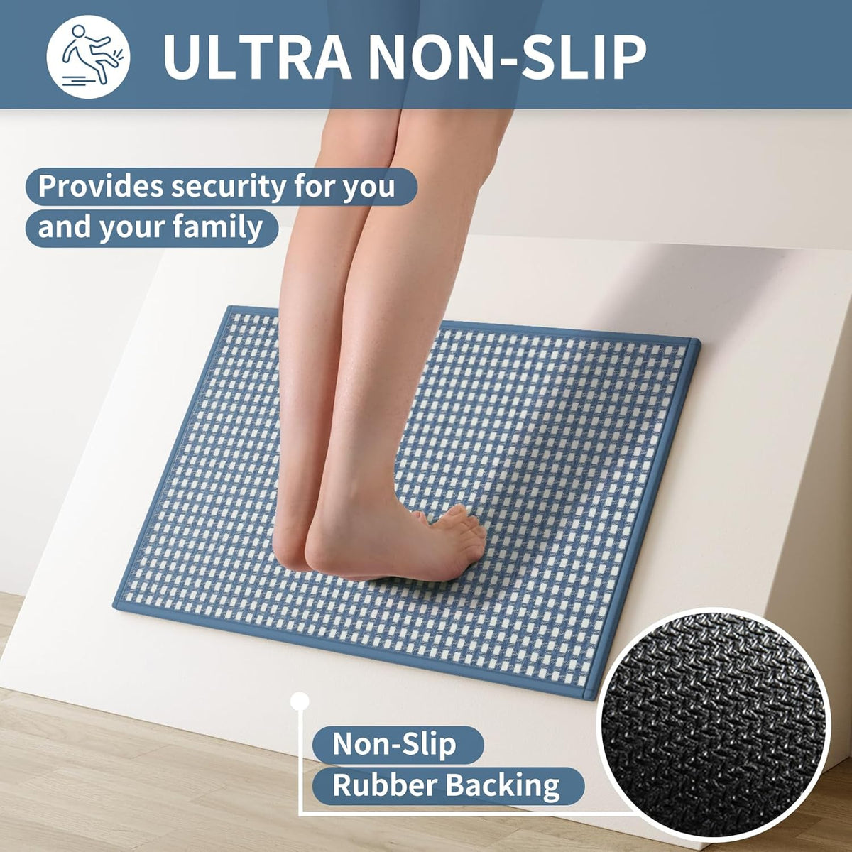 Kitchen Rugs Non Slip Washable, Rubber Backing Soft Chenille Braided Kitchen Mats for Floor, Super Absorbent Kitchen Runner Rug Standing Mat Sink Mat, Easy to Clean, Blue 17"x47"