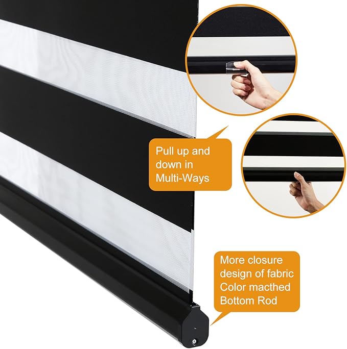 Persilux Cordless Zebra Blinds for Windows Free-Stop Roller Window Shades (35" W X 64" H, Black) Dual Layer Light Control for Day and Night, Light Filtering Sheer Shades for Home, Easy to Install