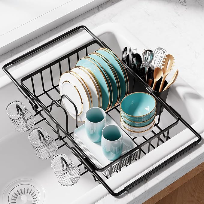 Sakugi Dish Drying Rack in Sink - Expandable Stainless Steel Dish Rack Over the Sink, Kitchen Sink Drain Strainer with Cutlery Holder & Cup Holders, 15.4 x 9.8 x 3.0 Inch, Black