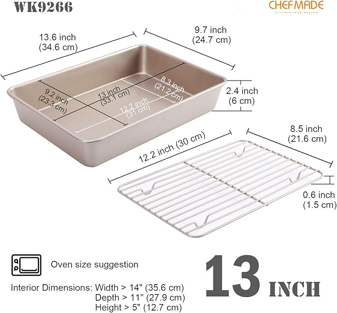 CHEFMADE Roasting Pan with Rack, 13-Inch Non-Stick Rectangular Deep Dish Oven-BBQ Bakeware for Oven Baking 9" x 13" x 2.4" (Champagne Gold)