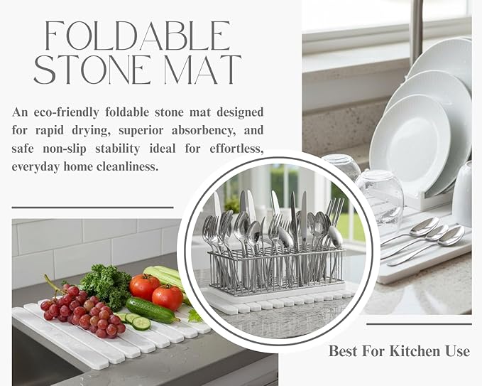 Stone Drying Mat 24″×16″ Large - Ultra Fast Absorbent Kitchen Counter & Bathroom Mat, Diatomaceous Earth Foldable Non-Slip for Dishes, Pets, Plants