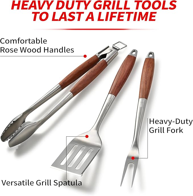 Heavy-Duty Rose Wooden BBQ Grilling Tools Set. Extra Thick Stainless Steel Multi-Function Spatula, Fork & Tongs | Essential Accessories for Barbecue & Grill. Ideal Gift for Father…