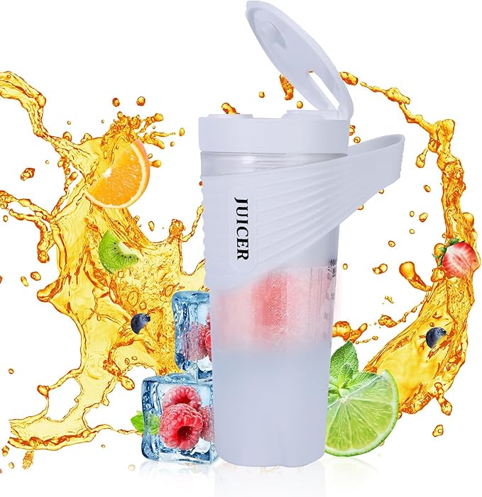 Portable Blender 460ml for Shakes Smoothie Juice, for Travel Gym Office, 4000mAh Type-C Rechargeable Personal Blender with 6 Sharp Blades Powerful 22000r/m Water Bottle Cup (White)