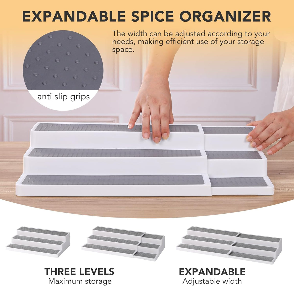 3 Tier Expandable Spice Rack Organizer, Plastic Spice Rack, Adjustable Length 14.6In-25.8In, Non-Skid Tiered Spice Shelf Organizer for Kitchen Cabinet, Cupboard, Pantry, White/Grey