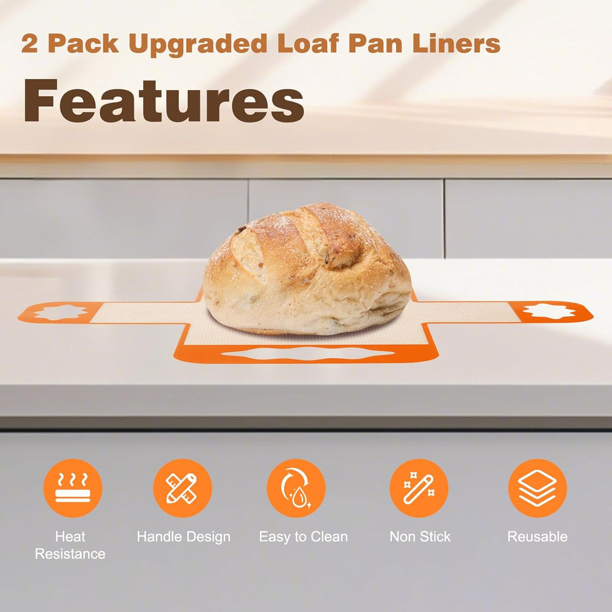 2 Pcs Reusable Silicone Bread Loaf Pan Liners, Food-Grade Silicone Bread Baking Mat with 4 Handles, Non-Stick & Heat Resistant Loaf Pan Lifters, Sourdough Sling for 9x5" or 1.5Lb Loaf Pans (Orange)
