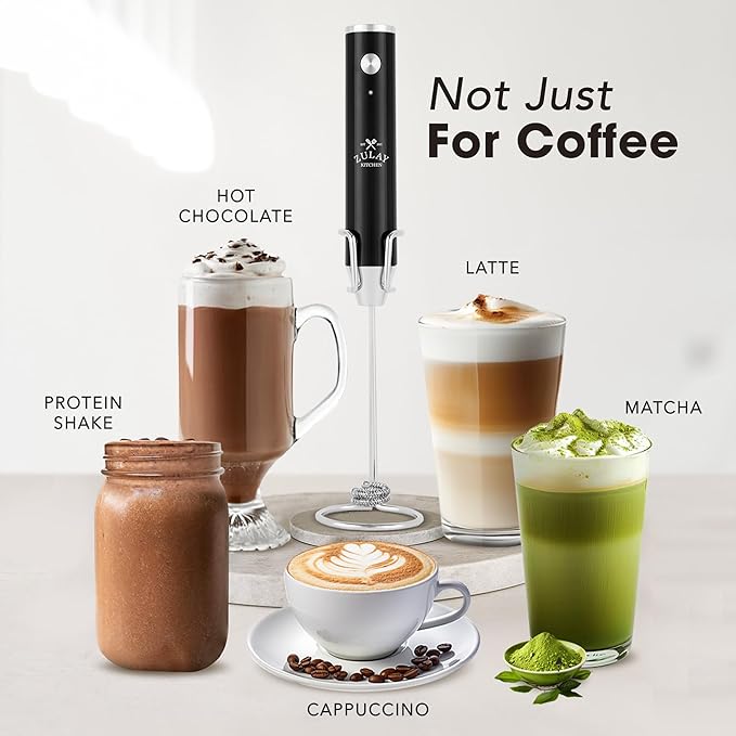 Zulay Kitchen Rechargeable Milk Frother Handheld - Lux 4 Whisks, Powerful 2-Speed Motor, Waterproof, 2000mAh Battery - Drink Mixer for Latte, Cappuccino, Matcha & Protein Powder - Jet Black