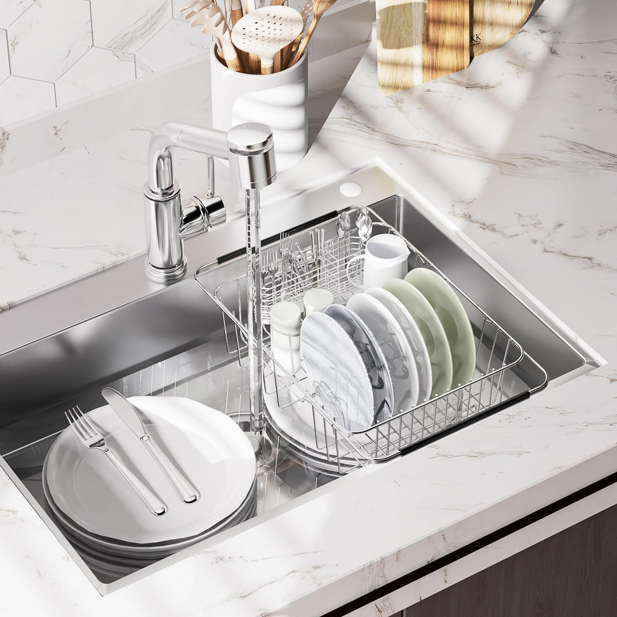 JAQ Dish Drying Rack in-Sink, 304 Stainless Steel Dish Drainer with Stainless Steel Silverware Holder Over Inside Sink-Adjustable 15.16" to 20.59" Maximium 13 Upright Dishes
