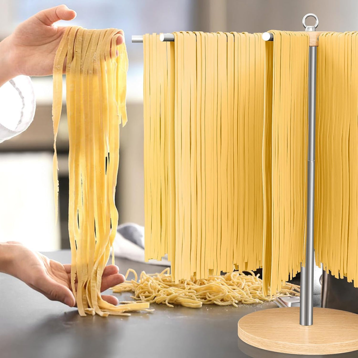 Pasta Drying Rack, Adjustable 304 Stainless Steels Pasta Rack with Handle, Detachable Stand Noodles Drying Hanger for Homemade Fresh Spaghetti, Tagliatelle, Fettuccine