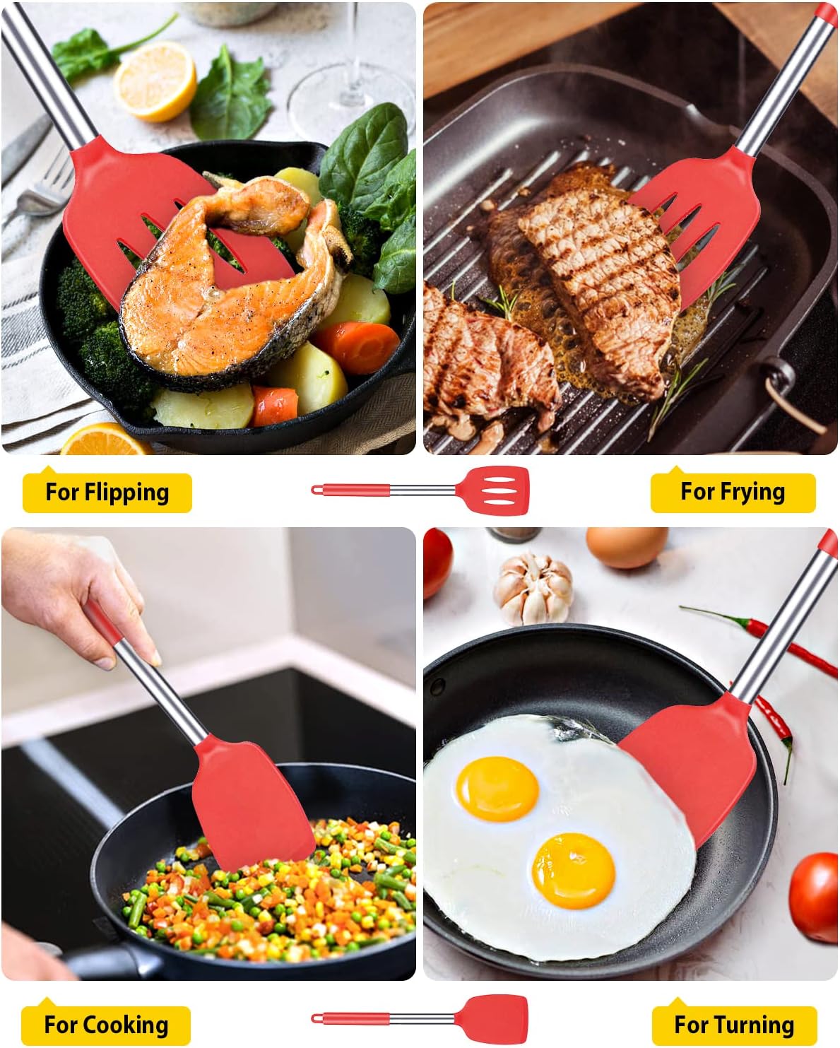 Pack of 2 Silicone Solid Turner, Non Stick Slotted Kitchen Spatulas, High Heat Resistant BPA Free Cooking Utensils, Ideal Cookware for Fish, Eggs, Pancakes(Red)